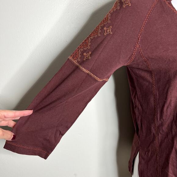 Madewell Linen Blend Top XS Maroon Embroidered Scoop Neck 3/4 Sleeve Relaxed Fit - Picture 5 of 8